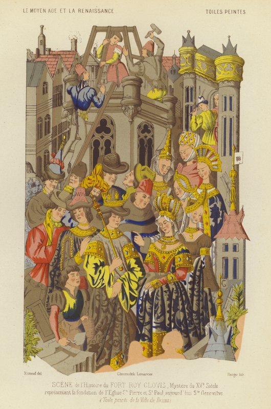 Založení opatství St Genevieve, Paříž, za vlády Clovise, krále Franků (chromolitho) od French School