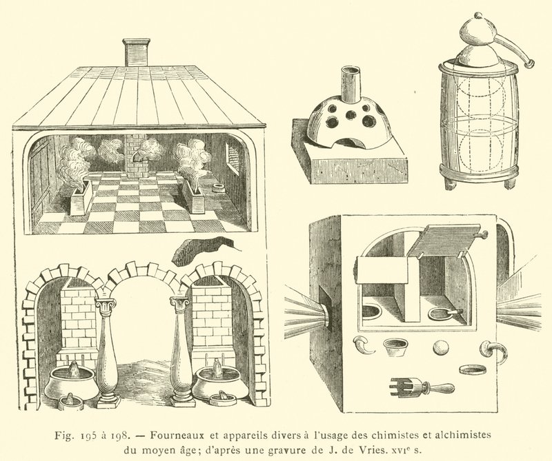 Pece a různá zařízení pro použití chemiků a alchymistů středověku (rytina) od French School