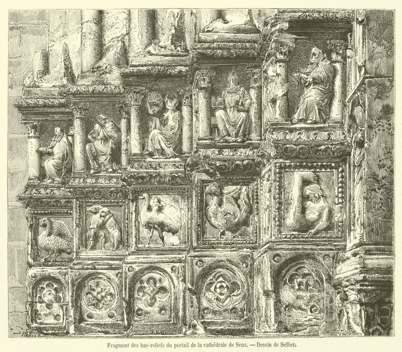 Fragment basreliéfů z portálu katedrály Sens (rytina) od French School