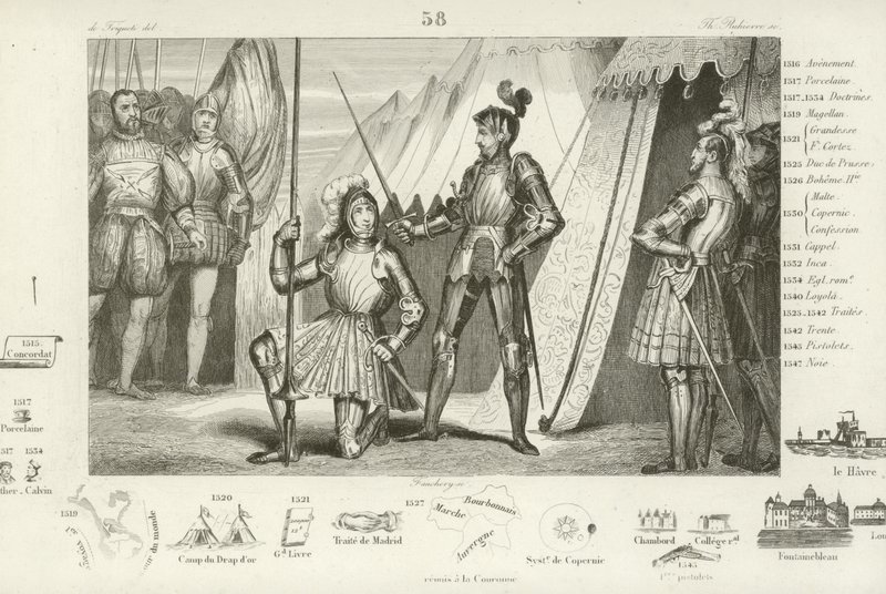 František I. Francouzský žádá, aby byl rytířem Bayardem pasován na rytíře po vítězství v bitvě u Marignana, Itálie, 1515 od French School