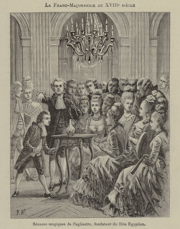 Svobodné zednářství v 18. století: magická seance vedená Aleesandrem Cagliostrem, zakladatelem egyptského ritu (rytina) od French School