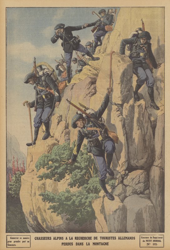 Francouzští Chasseurs Alpins hledající německé turisty ztracené v Alpách (barva litho) od French School