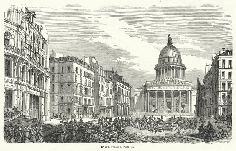 Francouzské armádní jednotky útočící na povstalce okupující Pantheon, Paříž, 24. června 1848 (rytina) od French School