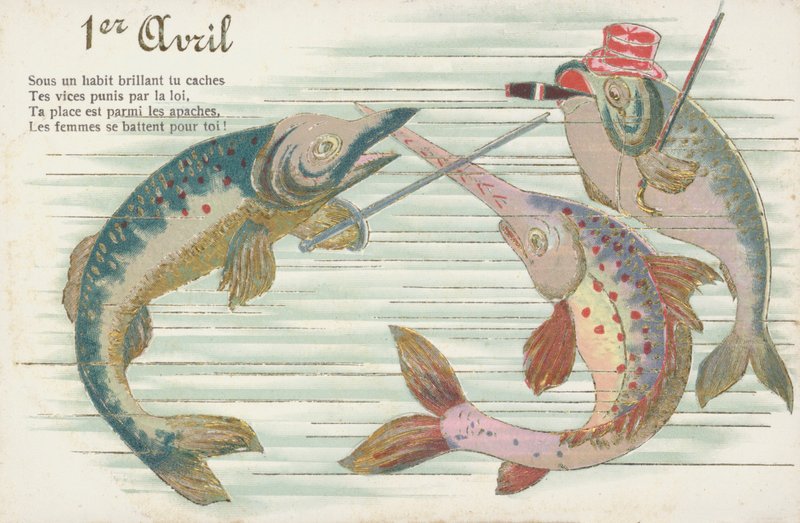 Francouzská pohlednice s vyobrazením ryby u příležitosti apríla (Poisson d