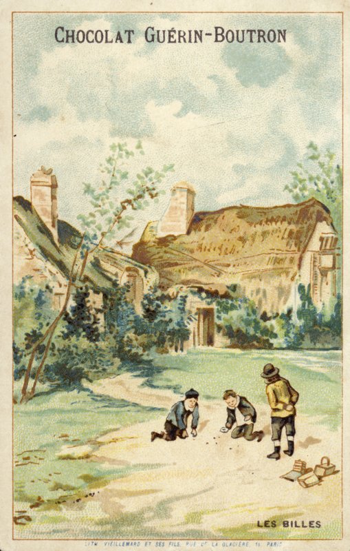Francouzské děti hrající si kuličky před chatou (chromolitho) od French School