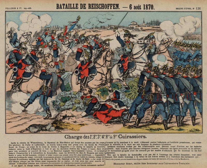 Francouzští kyrysníci útočící na pruskou pěchotu v bitvě u Reichshoffenu, francouzsko-pruská válka, 6. srpna 1870 (barevná rytina) od French School