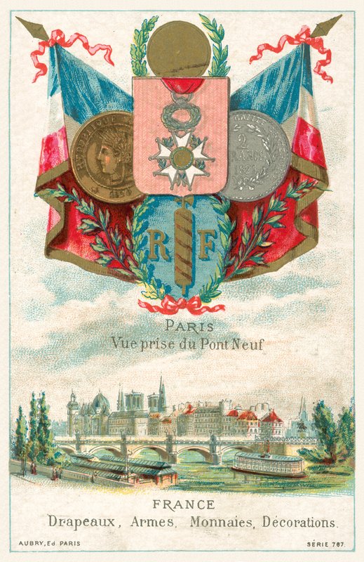 Francouzské vlajky, zbraně, mince a dekorace a pohled na Paříž z Pont Neuf (chromolitho) od French School