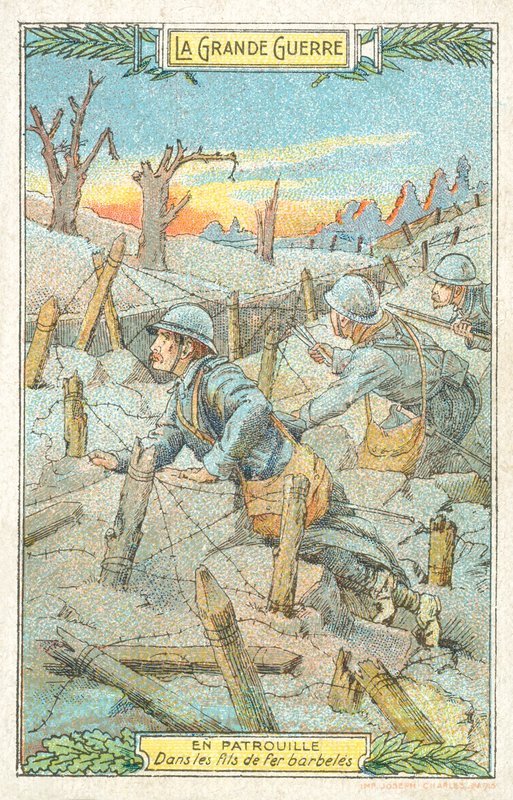 Francouzská hlídka mezi ostnatým drátem, první světová válka (chromolitho) od French School