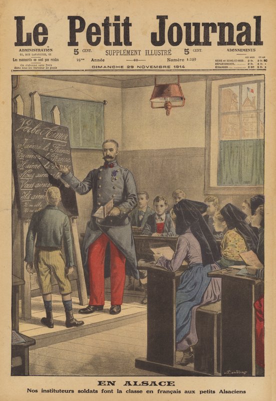 Francouzský voják učí třídu školáků francouzsky v Alsasku (barevné litho) od French School