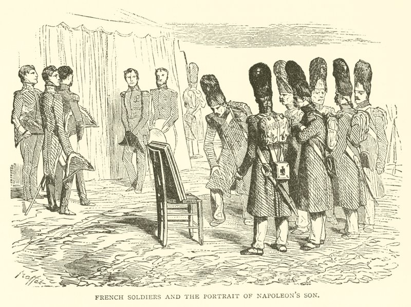 Francouzští vojáci a portrét Napoleonova syna (rytina) od French School