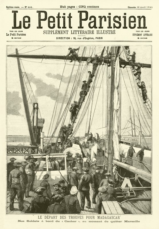 Francouzští vojáci odjíždějící z Marseille na Madagaskar (rytina) od French School