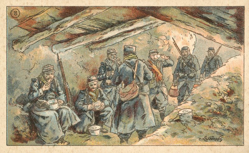 Francouzští vojáci jedí v zemljance, první světová válka (chromolitho) od French School