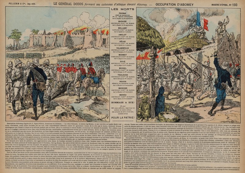 Francouzské jednotky pod velením generála Alfreda-Amedee Doddse útočí na Abomey, Dahomey, druhá francouzsko-dahomská válka od French School