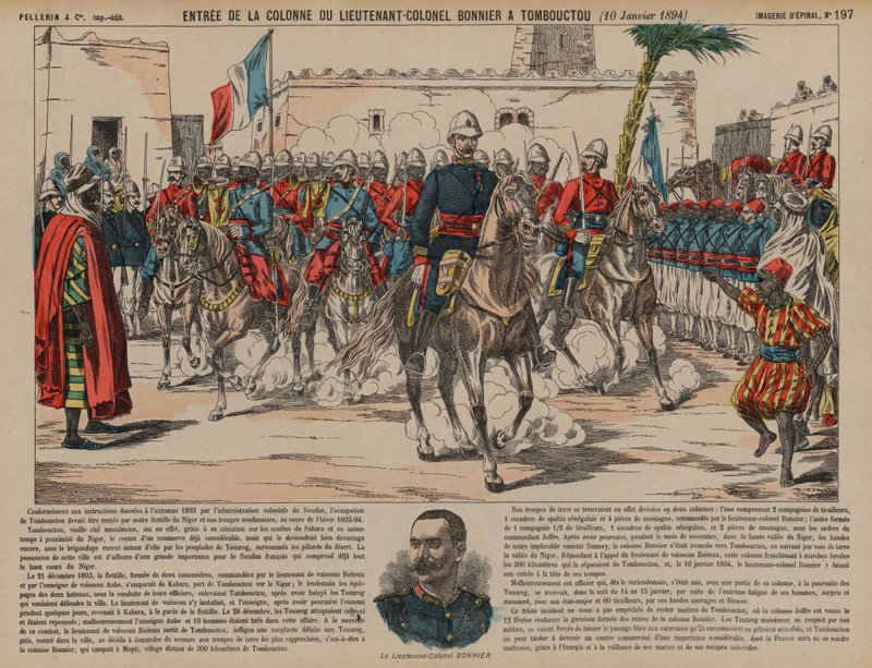 Francouzské jednotky, kterým velel podplukovník Eugene Bonnier, vstupují do Timbuktu od French School