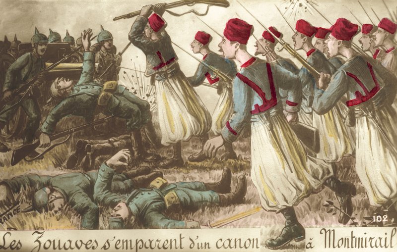 Francouzské zouaves zachycující německé dělostřelectvo na Montmirail, první světová válka (barevné lito) od French School