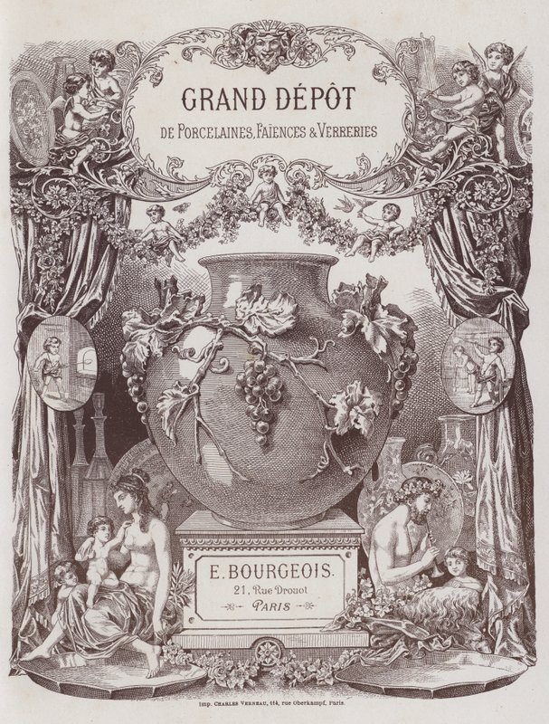 Frontispis do katalogu Grand Depot de Porcelaines, Faiences et Verreries (barevné lito) od French School