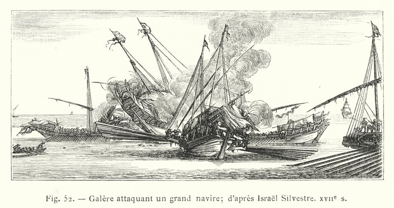 Galley útočící na velkou loď; podle Israel Silvestre, 17. století (rytina) od French School