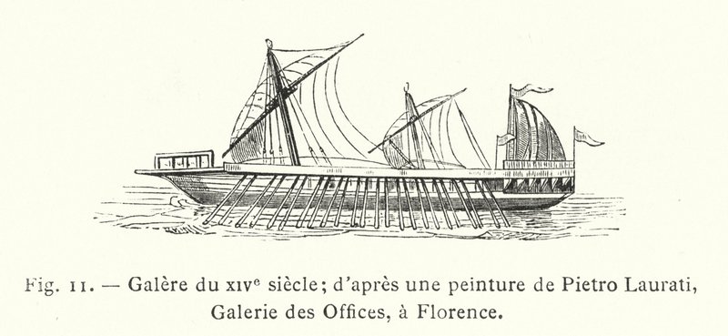 galéra ze 14. století; podle obrazu Pietra Lauratiho, galerie Uffizi, Florencie (rytina) od French School
