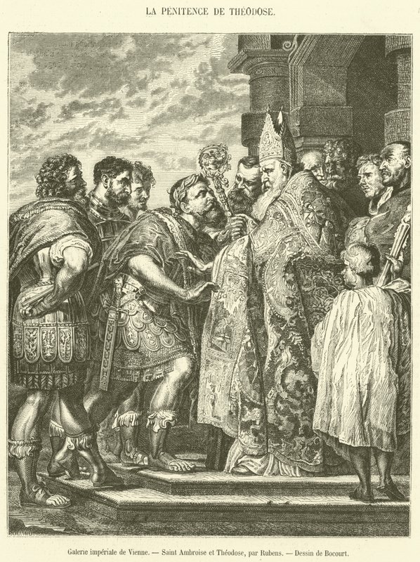 Císařská galerie ve Vídni, svatý Ambrož a Theodosius (rytina) od French School