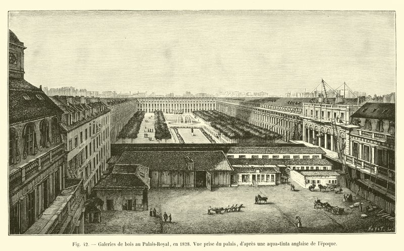 Dřevěné galerie v Palais-Royal, v roce 1828, pohled z paláce, po anglické aqua-tinta té doby od French School