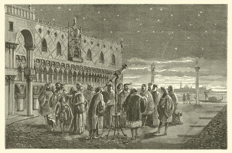Galileo ukazuje satelity Jupiteru senátorům z Benátek (rytina) od French School