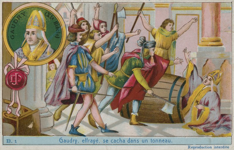 Gaudry, vyděšený, schovaný v sudu od French School