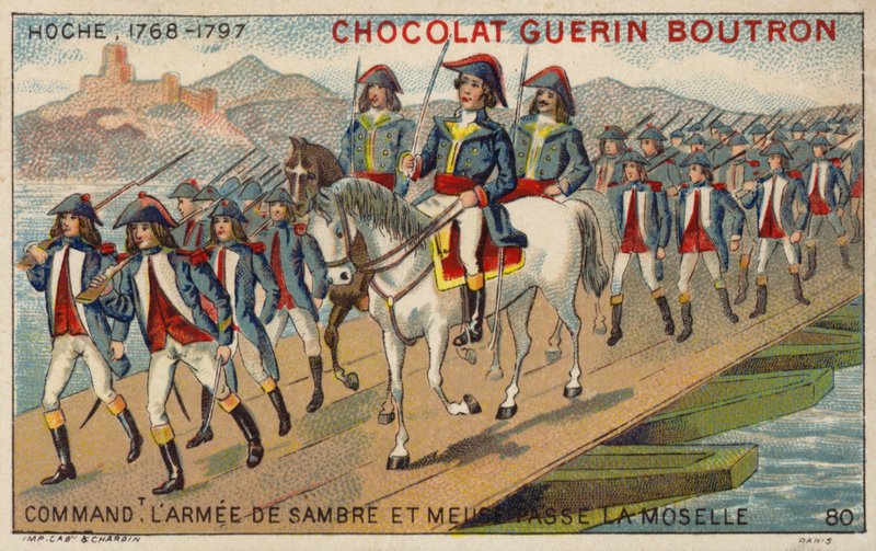 Generál Hoche, velitel armády Sambre a Meuse, překračující Moselu (chromolitho) od French School