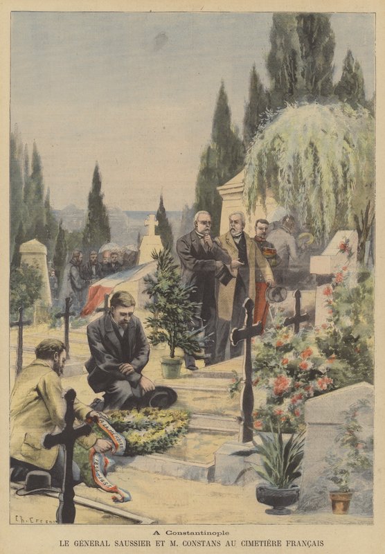 Generál Saussier a francouzský velvyslanec Ernest Constans na francouzském hřbitově v Konstantinopoli (barva litho) od French School