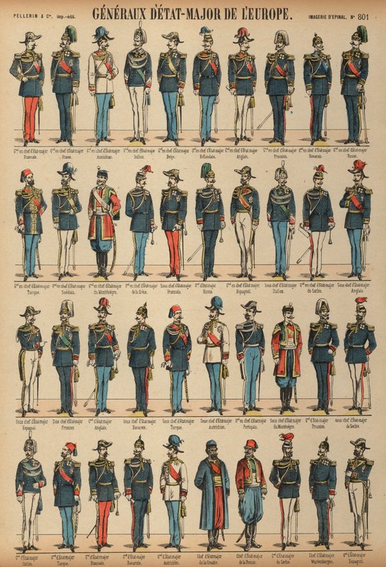 Důstojníci generálního štábu a uniformy armád z celého světa (barevná rytina) od French School