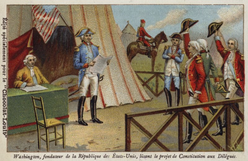 George Washington čte delegátům návrh ústavy Spojených států od French School