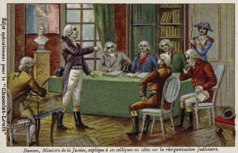 Georges Danton, ministr spravedlnosti, vysvětlující své myšlenky na soudní reorganizaci svým kolegům, 1792 od French School