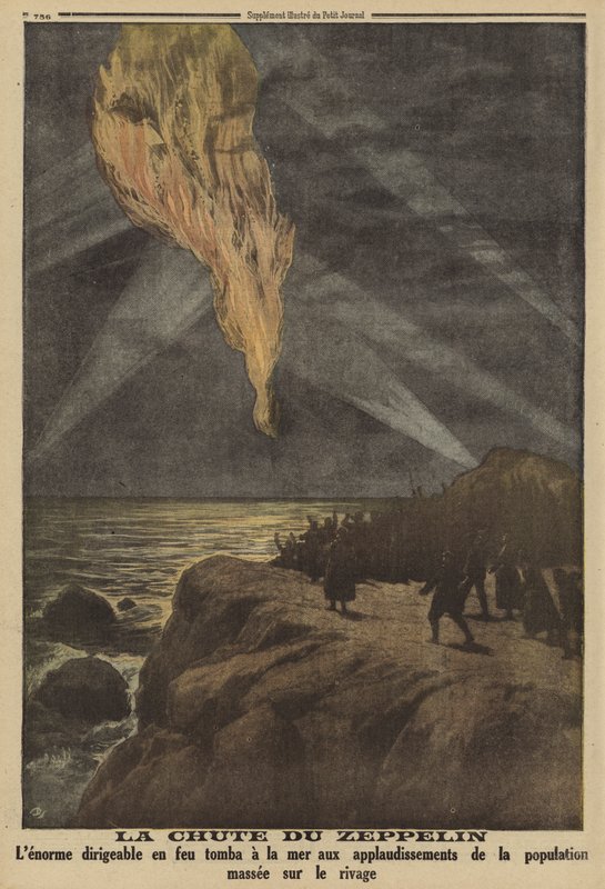 Německý Zeppelin sestřelený v plamenech protiletadlovou palbou a zřícený do moře, 1. světová válka od French School