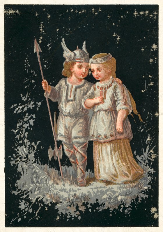Dívka a chlapec v norském nebo germánském kostýmu (chromolitho) od French School