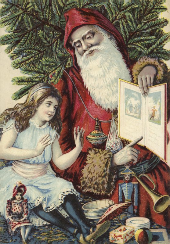 Dívka je zobrazena ilustrovaná kniha od Father Christmas od French School