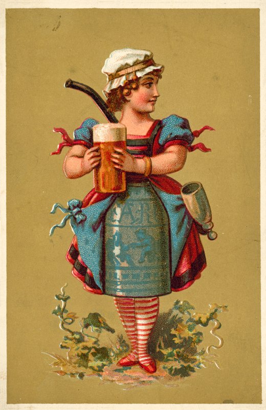 Dívka držící velkou sklenici piva (chromolitho) od French School