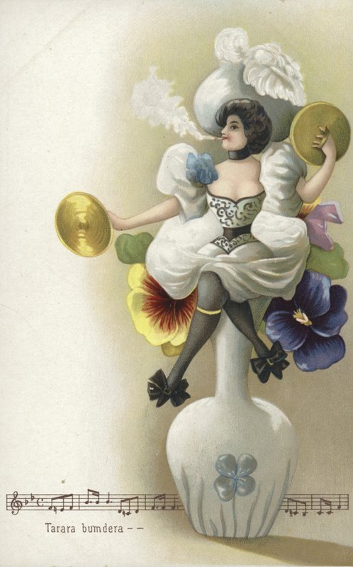 Dívka sedící na váze kouří a hraje na činely (chromolitho) od French School