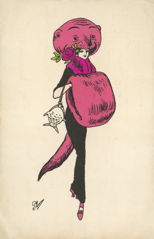 Dívka s podivným oblečením ze zvířecí srsti (barva litho) od French School