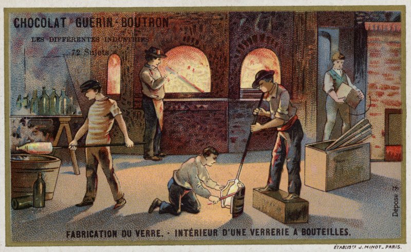Výroba skla. Interiér závodu na výrobu lahví (chromolitho) od French School