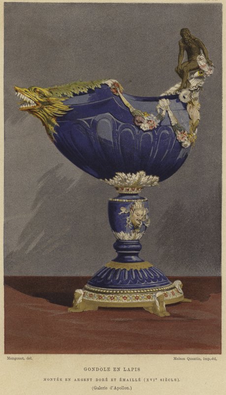 Pohár lapis lazuli ve tvaru gondoly upevněný ve zlaceném a smaltovaném stříbře, 16. století od French School