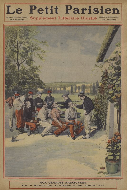 Velké manévry francouzské armády: holičství pod širým nebem (barevné lito) od French School