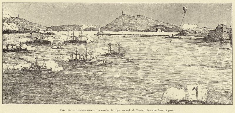 Velké námořní manévry z roku 1891 v přístavu Toulon; eskadra si vynucuje průsmyk (rytina) od French School