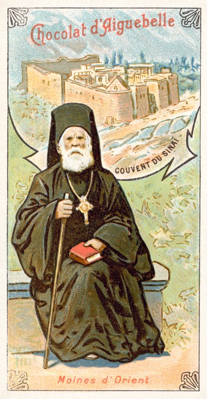Řecký ortodoxní mnich a klášter svaté Kateřiny na hoře Sinaj (chromolitho) od French School
