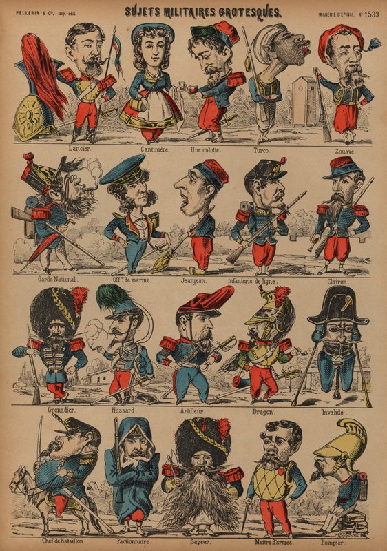 Groteskní vojenské karikatury (barevná rytina) od French School