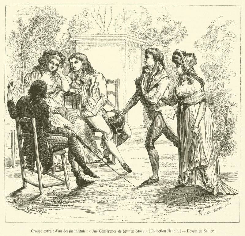 Skupina převzatá z kresby s názvem Une Lecture de Madame de Stael, Collection Hennin (rytina) od French School
