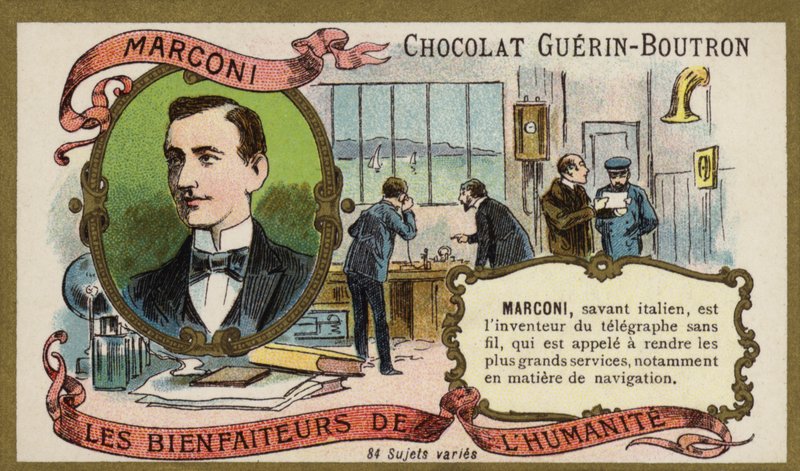 Guglielmo Marconi , italský vynálezce a průkopník rádia (chromolitho) od French School