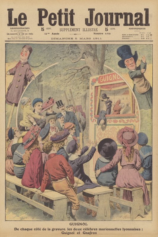 Guignol a Gnafron, slavné francouzské loutky z představení v Lyonu (barevná litografie) od French School