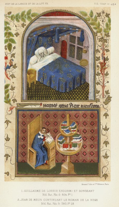 Guillaume De Lorris Spící a přemýšlející, Jean De Meun pokračování Roman De La Rose (barevné lito) od French School