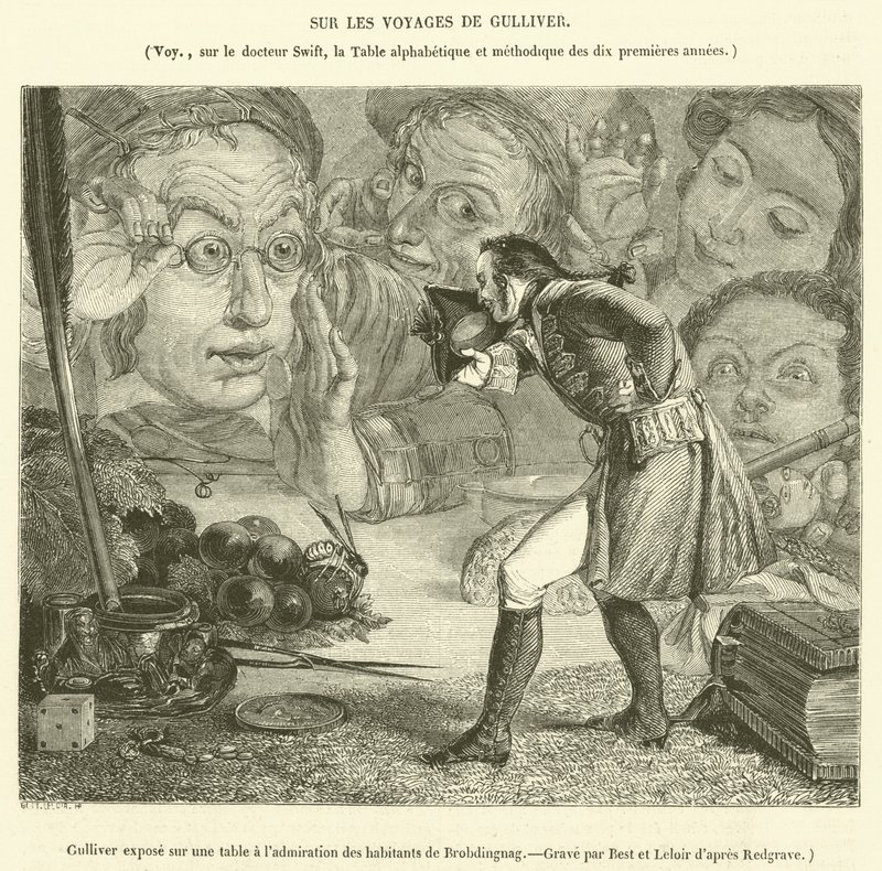Gulliver vystavený na stole k obdivu obyvatel Brobdingnagu (rytina) od French School