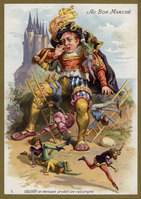 Gulliver kýchne a způsobí katastrofu (chromolitho) od French School