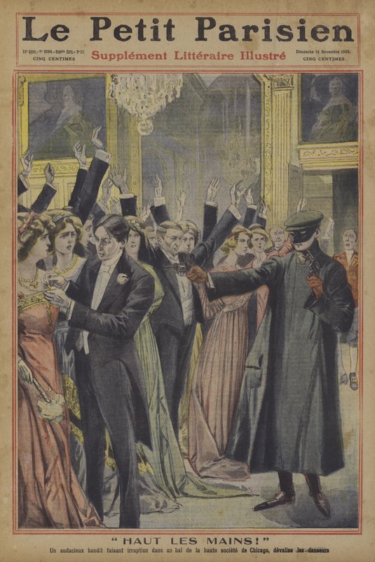 Ruce vzhůru! Odvážný lupič osvobozující hosty na společenském plese v Chicagu od jejich šperků (barva litho) od French School